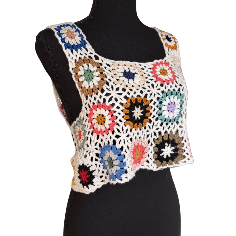 White crochet crop tank with boho multicolored granny squares • one size